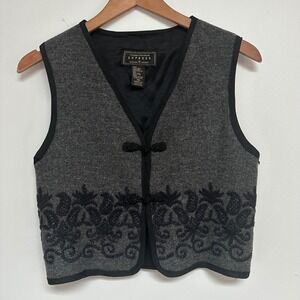 Vintage Express Wool Vest Embroidered Folk Boho Frog Closure 90s Alpine